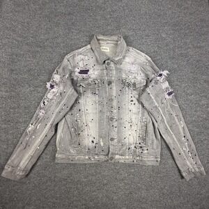 FWRD Denim Jacket Mens 2XL Gray Distressed Paint Splatter Biker Grunge Rock